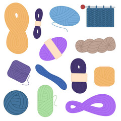 Vector set with wool yarn balls and skeins. Knitting needles. Skein, ball, bobbin. Hobby tools collection.