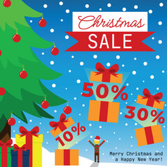 Obraz na płótnie Canvas Ad of Christmas Sale - Snowy Scenery, Pine Tree Decorated with Red Balls and Gifts Opening with Discounts 10%, 30% and 50% off