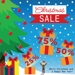 Ad of Christmas Sale - Snowy Scenery, Pine Tree Decorated with Red Balls and Gifts Opening with Discounts 25%, 50% and 75% off
