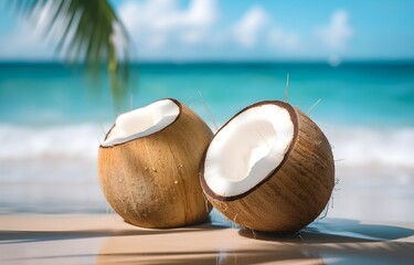 Fototapeta na wymiar coconuts on white beach sand over blue transparent ocean wave background