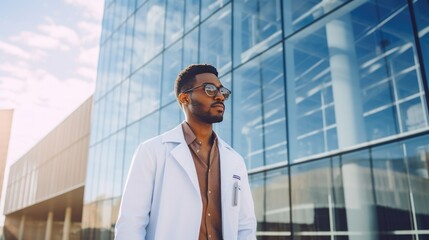 Portrait of a doctor in front of the hospital - obrazy, fototapety, plakaty