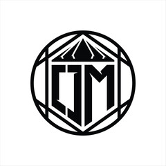 OM Letter Logo monogram hexagon slice crown sharp shield shape isolated circle abstract style design