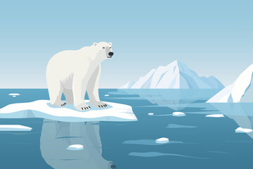 Polar bear on an ice floe. A beautiful polar bear floats on an ice floe against the backdrop of a landscape of large glaciers and icebergs. Vector illustration for postcard, poster, cover or design. - obrazy, fototapety, plakaty