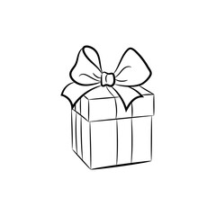 Gift box with bow. Black and white vector illustration, coloring book.