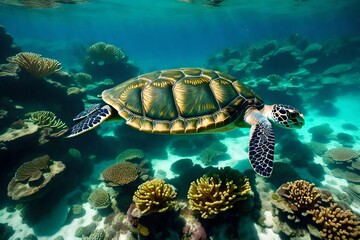 A gorgeous blue ocean reef with corals, seaweed, and a green sea turtle swimming on an island