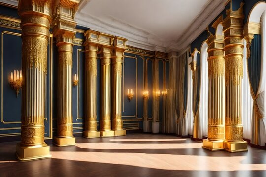 A palace's interior features wallpaper including wall lamps, golden columns, and flowers