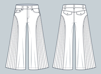 Wide Leg Pants technical fashion illustration. Culottes Skirt Pants fashion flat technical drawing template, pleated, zipper, pockets, front and back view, white, women, men, unisex Pants CAD mockup.