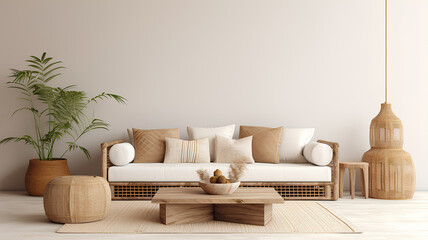 Boho living room interior background, minimalism.