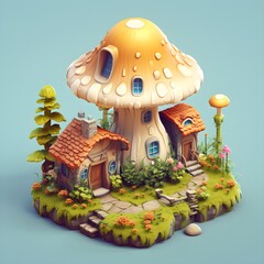 3D Isometric Mushroom House Illustration