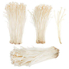 Enoki mushrooms on a white background. Close-Up, Texture