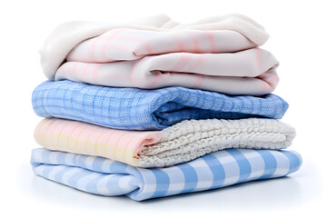 Stack of soft checkered blankets on white background