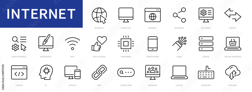 Aufkleber internet icons set. internet, website, computer, network, web, software, programming, hardware thin 