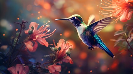 Realistic Illustration of a Hummingbird Flying near Flowers 