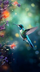 Realistic Illustration of a Hummingbird Flying near Flowers 