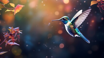 Realistic Illustration of a Hummingbird Flying near Flowers 