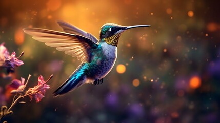 Realistic Hummingbird Flying Near Flowers Illustration
