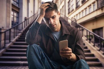Stressed upset man sitting, holding phone
