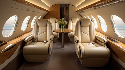 Fototapeta premium Interior of private jet cream-colored leather seats gold accents oval windows walnut wood floor