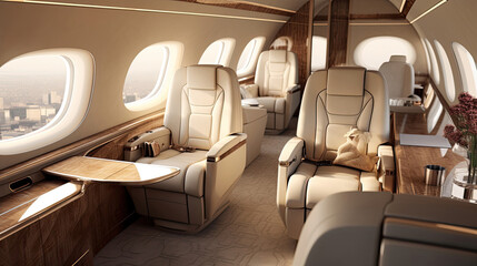 Interior of private jet cream-colored leather seats gold accents oval windows walnut wood floor
