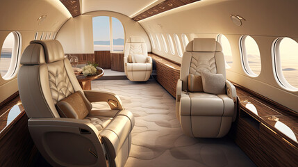 Interior of private jet cream-colored leather seats gold accents oval windows walnut wood floor