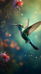 Realistic Illustration of Hummingbird Flying Near Flowers