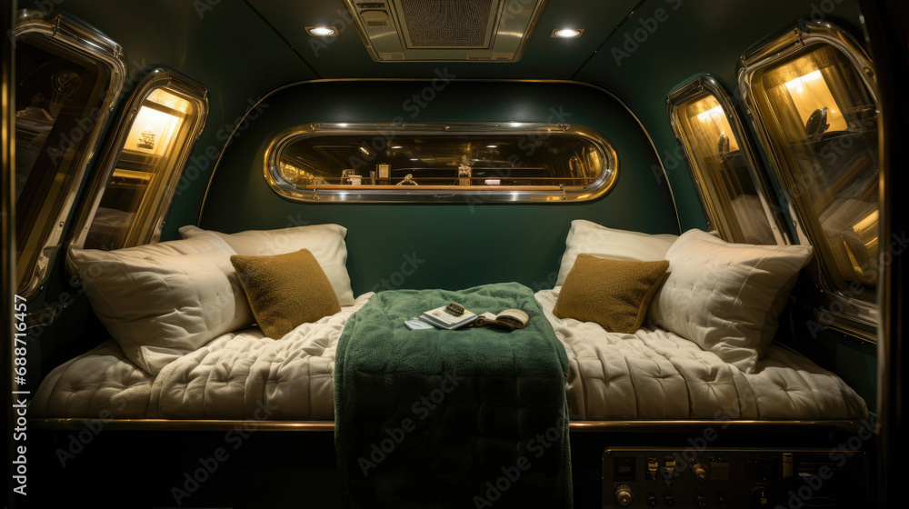 Canvas Prints retro-style sleeper train with art deco design mirrored accents and emerald green upholstery