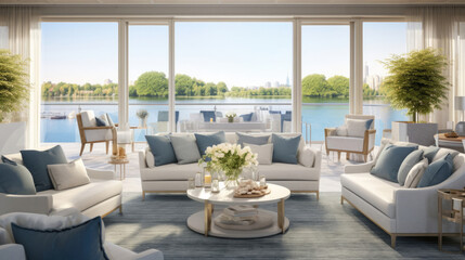 Luxurious river cruise boat lounge with panoramic views soft blues and plush seating