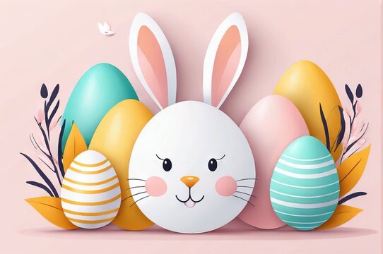 abstract illustration of happy easter bunny and eggs cut from paper on color background