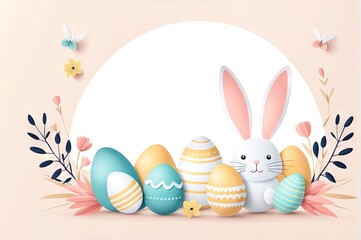 Happy Easter banner, poster, greeting card. Fashionable Easter design with bunny, flowers, eggs in pastel colors. Modern minimalist style