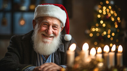Elderly person with menorah glow Santa hat celebrating season with unity and respect