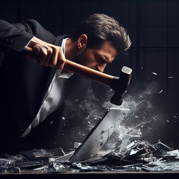 Angry man in a suit smashing a computer monitor or laptop with a hammer, in black and white with a dark background.