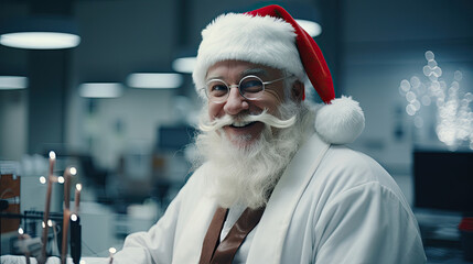 Delighted scientist in Santa hat conducting experiments in state-of-the-art lab - obrazy, fototapety, plakaty