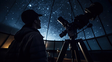Delighted astronomer gazes at star-studded sky through powerful telescope remote observatory - obrazy, fototapety, plakaty