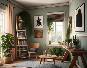 A cozy and bright corner with a wooden table, a bookshelf, and some art prints