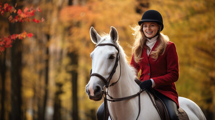 Obraz premium Jubilant equestrian rides through picturesque countryside with hat autumn foliage bond with horse
