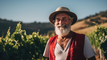 Winemaker in hat cares for grapevines