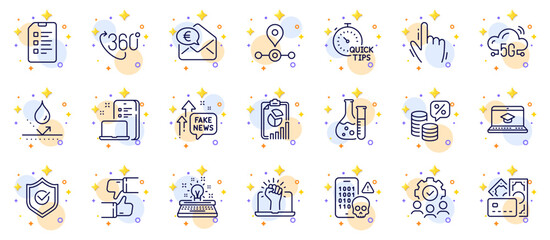 Fototapeta na wymiar Outline set of Euro money, 360 degree and Waterproof line icons for web app. Include Cyber attack, Chemistry lab, Cursor pictogram icons. 5g cloud, Approved shield, Quick tips signs. Vector