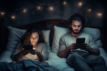 Young woman and man in bed looking at smartphones before bed, addiction to social networks