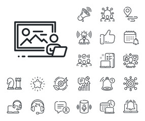 Image photography sign. Place location, technology and smart speaker outline icons. Photo studio line icon. Picture placeholder symbol. Photo studio line sign. Vector