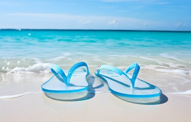 Obraz premium color flip-flops on white beach sand over blue transparent ocean wave background