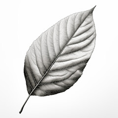 Engraved leaf, black and white, ultra detailed lines, isolated, white background