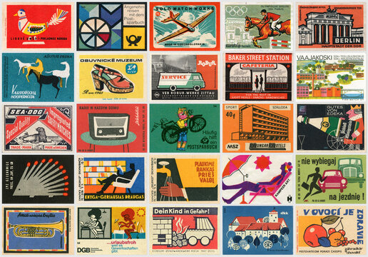 Vintage mid century matchbox labels background