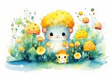 watercolor cartoon illustration, cute hamster in mushroom field, Generative Ai