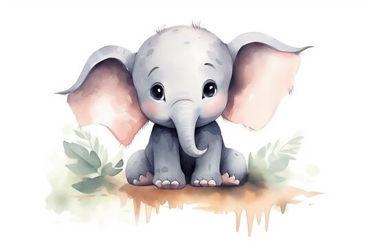 watercolor style illustration of happy baby elephant in green tropical garden, idea for home wall decor, kid room, Generative Ai	

