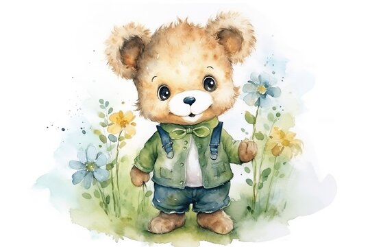 watercolor cartoon illustration, teddy bear in flower field, Generative Ai