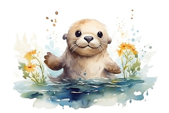 watercolor cartoon illustration,  otter in water with flower branch, Generative Ai