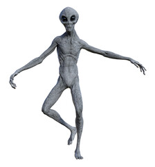 Illustration of a gray alien with arms up dancing while isolated on a white background. - 688718856