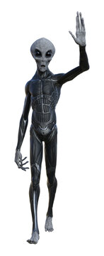 Illustration of a gray alien wearing a skin tight outfit with arm raised waving hello isolated on a white background.