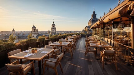 terrasse de restaurant en roof-top au dessus de la ville avec une vue imprenable sur ses monuments