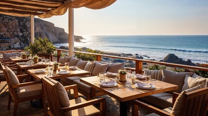 terrasse de restaurant au bord de la mer, confortable et au calme avec vue dégagée - obrazy, fototapety, plakaty